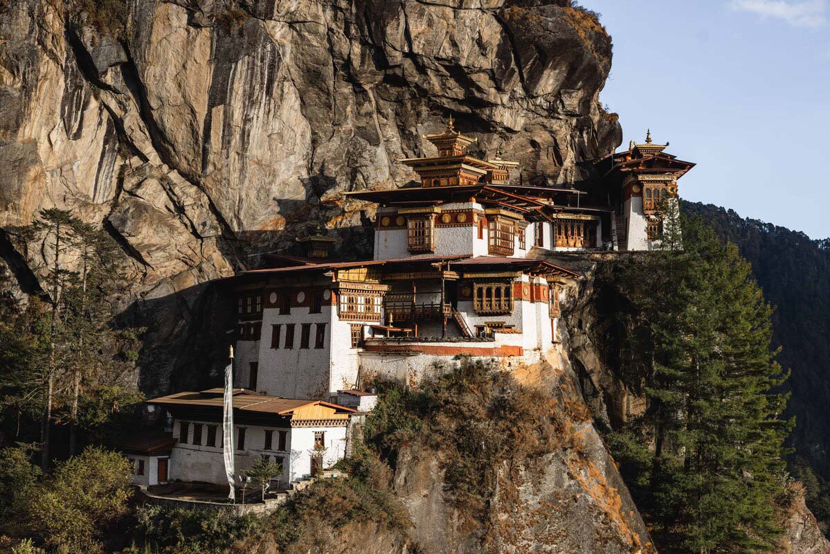 Tiger's Nest Monastery (Paro Taktshang) clinging to the cliffside above the Paro Valley