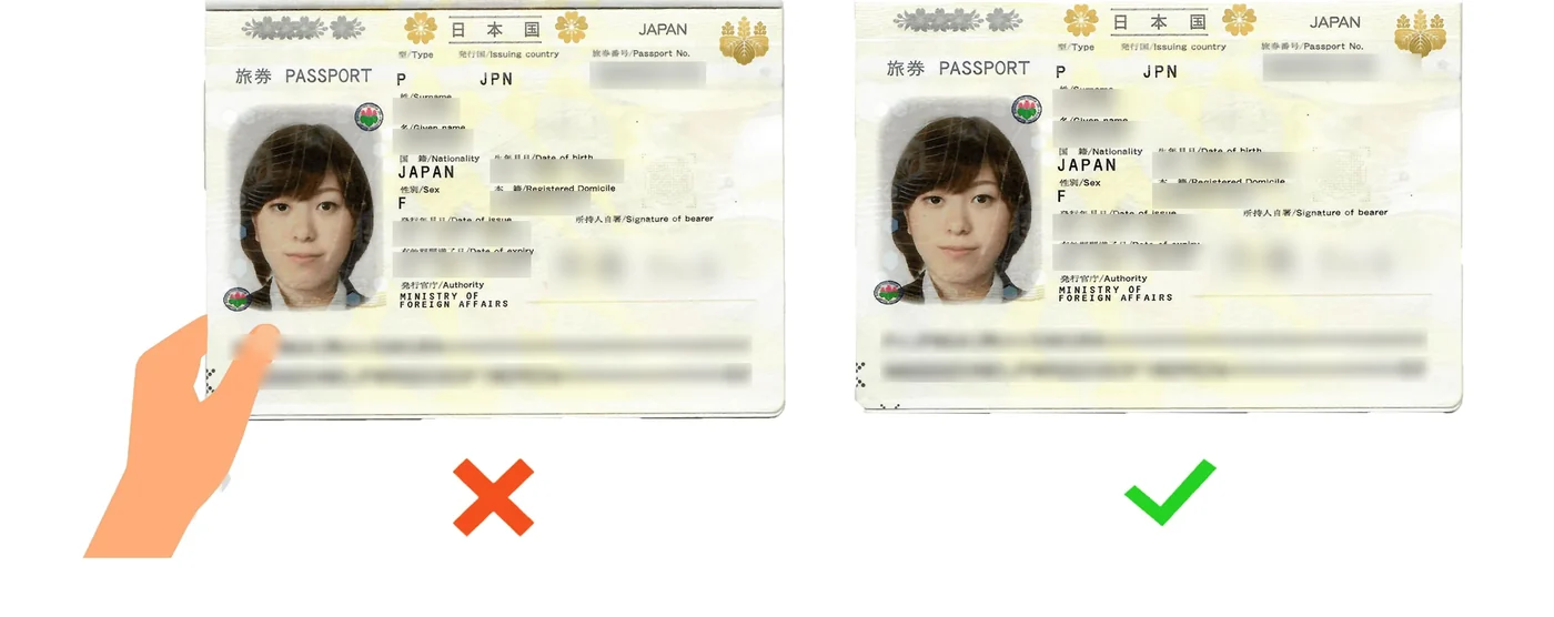 Two copies of the same passport photo page side by side: the one on the left is marked with a red cross because a thumb covers the start of the machine-readable lines at the foot of the page; the one on the right is marked with a green tick, with the whole page and both lines of code visible