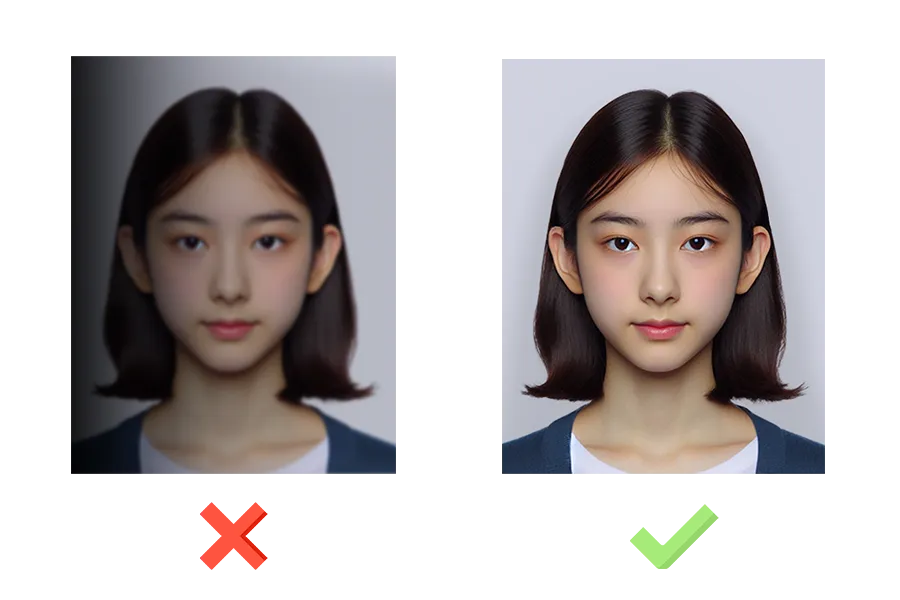 Two passport photographs of the same person side by side: the one on the left is marked with a red cross for being blurred and washed out; the one on the right is marked with a green tick, sharp and evenly lit against a plain background